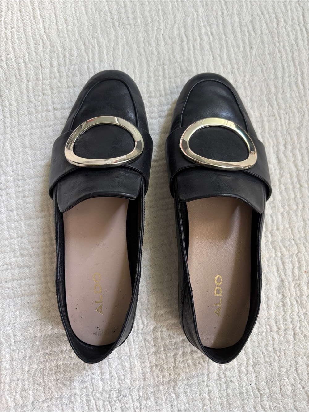 Aldo Leather Gold Buckle Black Loafers Size 6 - Picture 4 of 6